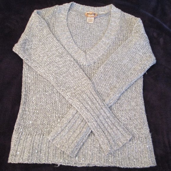 3/$25 Mudd Junior V Neck Silver Sequin Sweater - Picture 1 of 3
